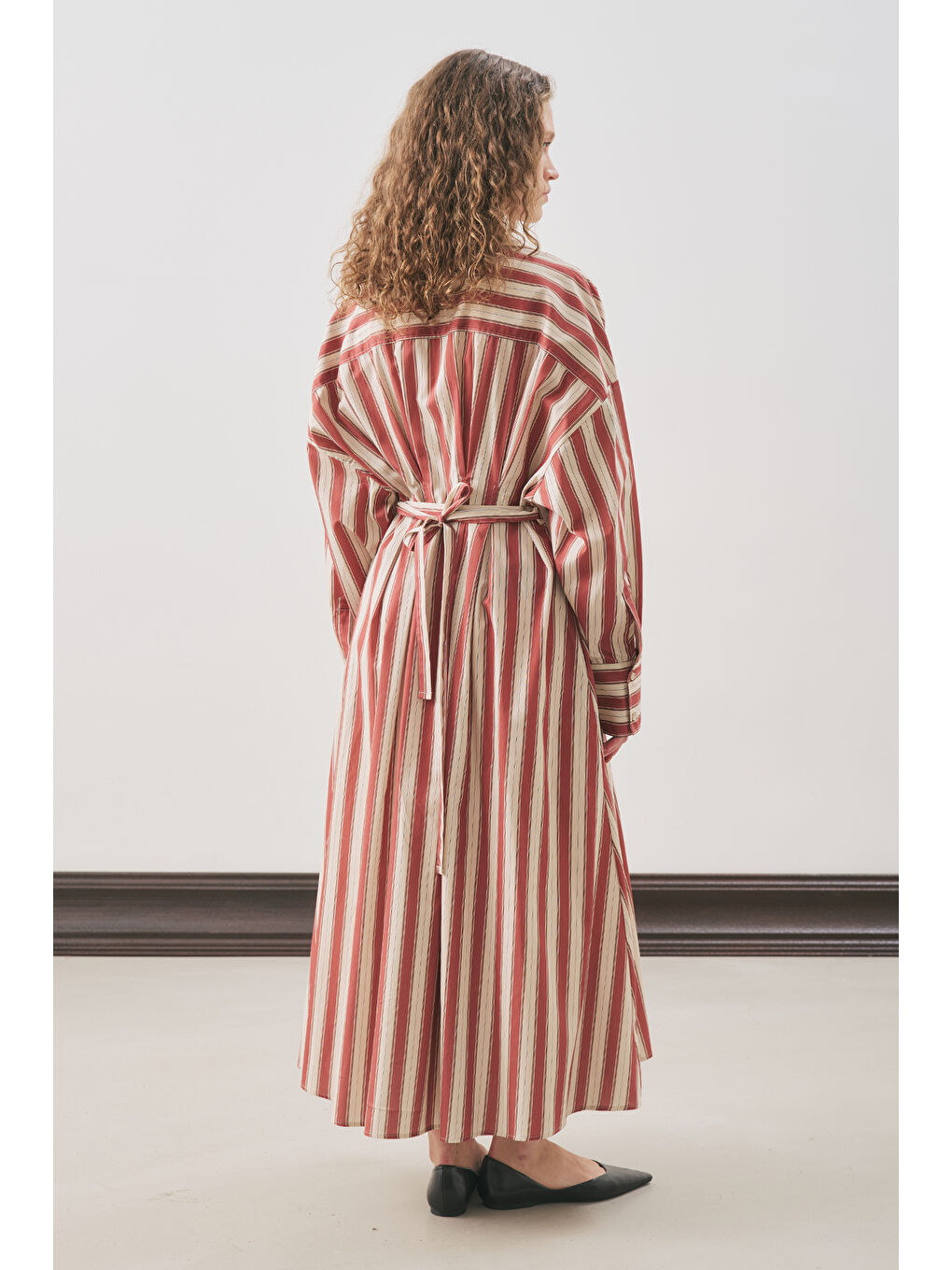 Kahverengi Pile Detaylı Gömlek Elbise Kiremit Çizgili-5