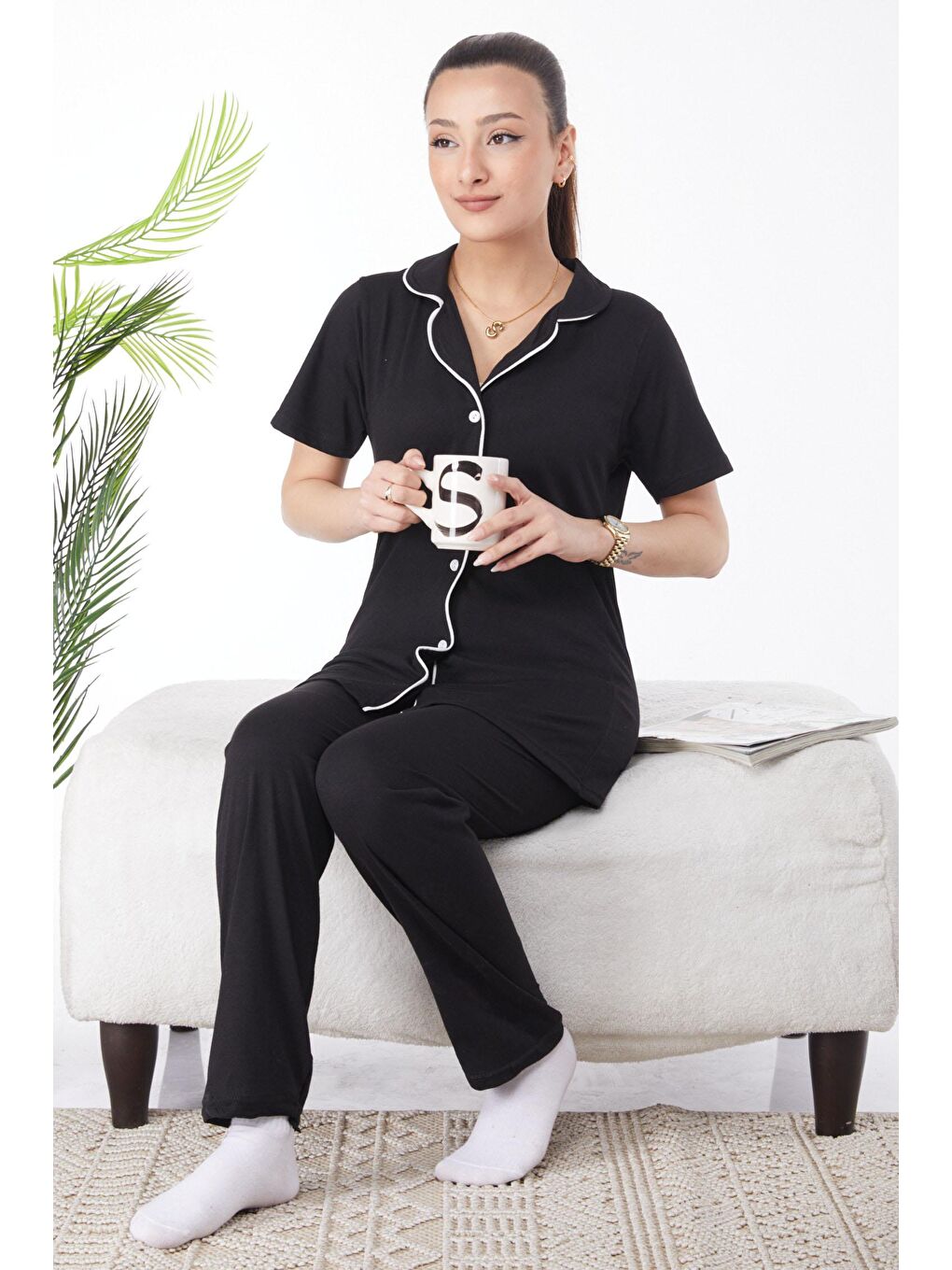 Gömlek Yaka Kadın Siyah Süprem Kısa Kollu Pijama Takımı - 24595-2