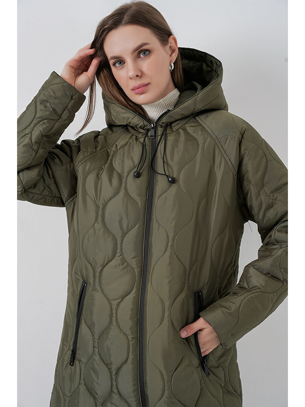 5177 Kapüşonlu Uzun Kapitone Mont - Haki-1