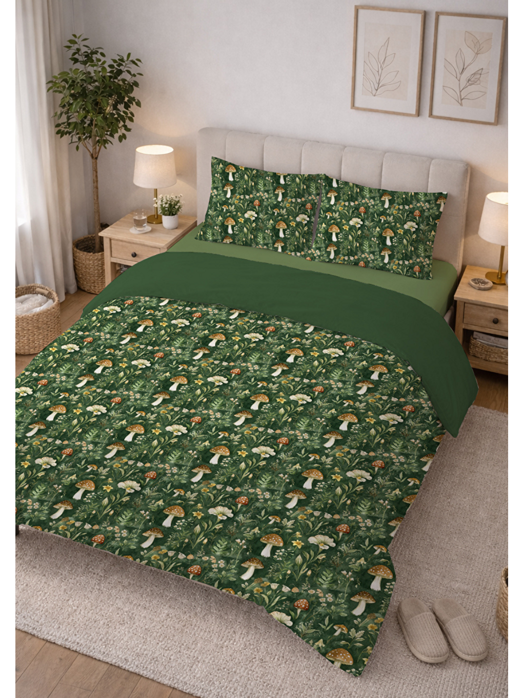 Yeşil Çift Kişilik Pamuklu Nevresim Takımı - Orman ve Mantar Desenli (Çarşafsız)-1