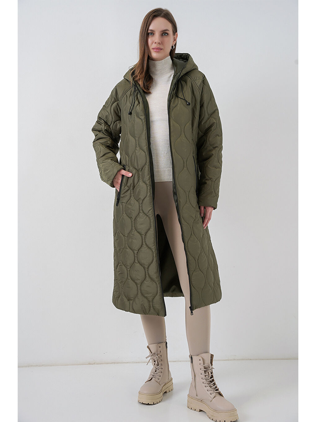 5177 Kapüşonlu Uzun Kapitone Mont - Haki-2