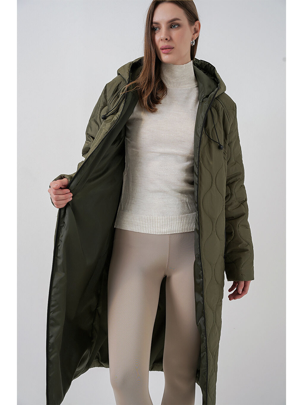 5177 Kapüşonlu Uzun Kapitone Mont - Haki-3