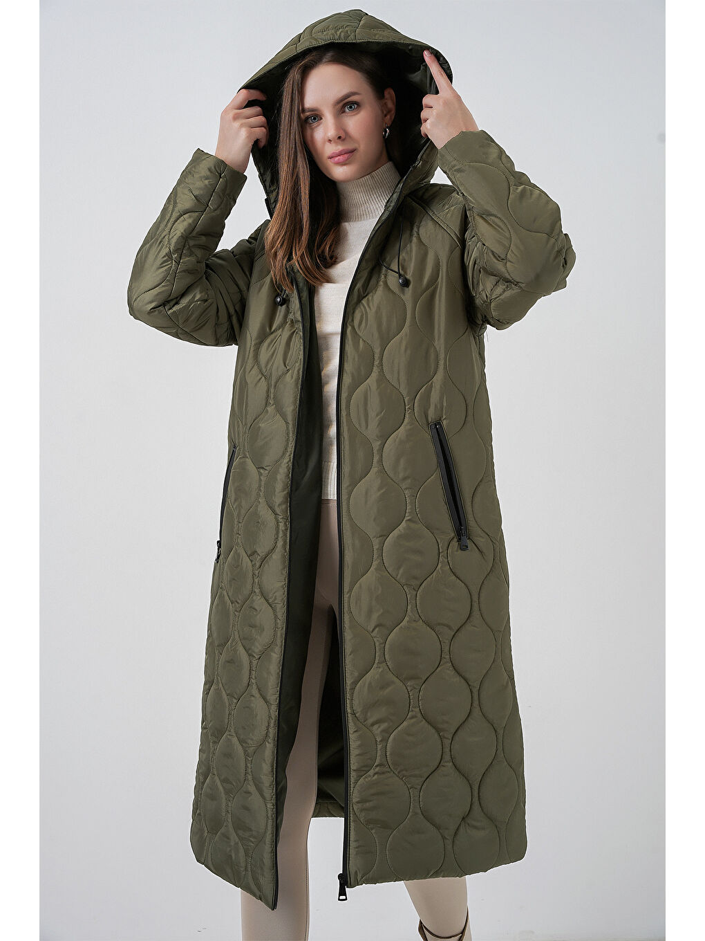 5177 Kapüşonlu Uzun Kapitone Mont - Haki-4