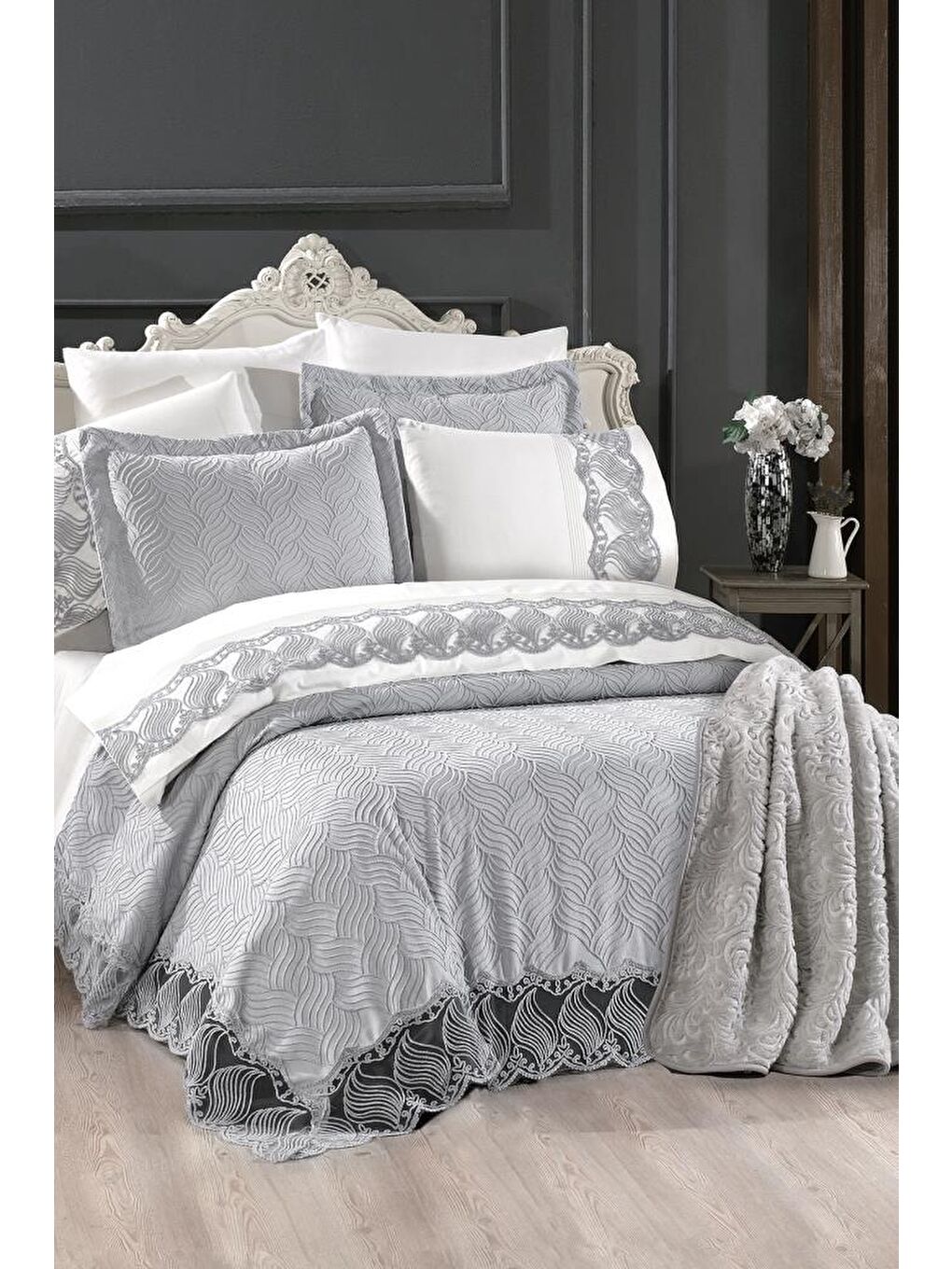 Karışık Anka 10 Parça Battaniyeli Çeyiz Seti Gri