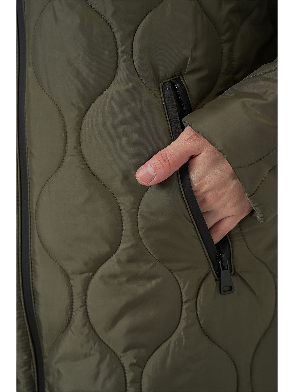 5177 Kapüşonlu Uzun Kapitone Mont - Haki-5