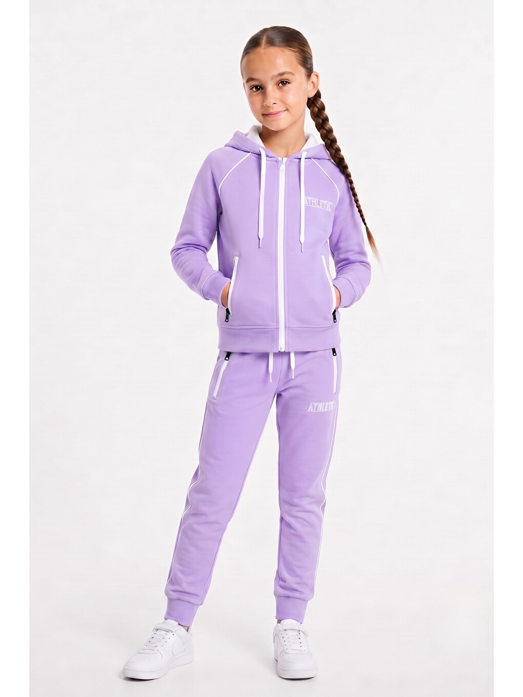 Lila Kız Çocuk Scuba Atheletic Reglan Kol Kapüşonlu Dalgıç Kumaş Eşofman Takımı Esf7027-4