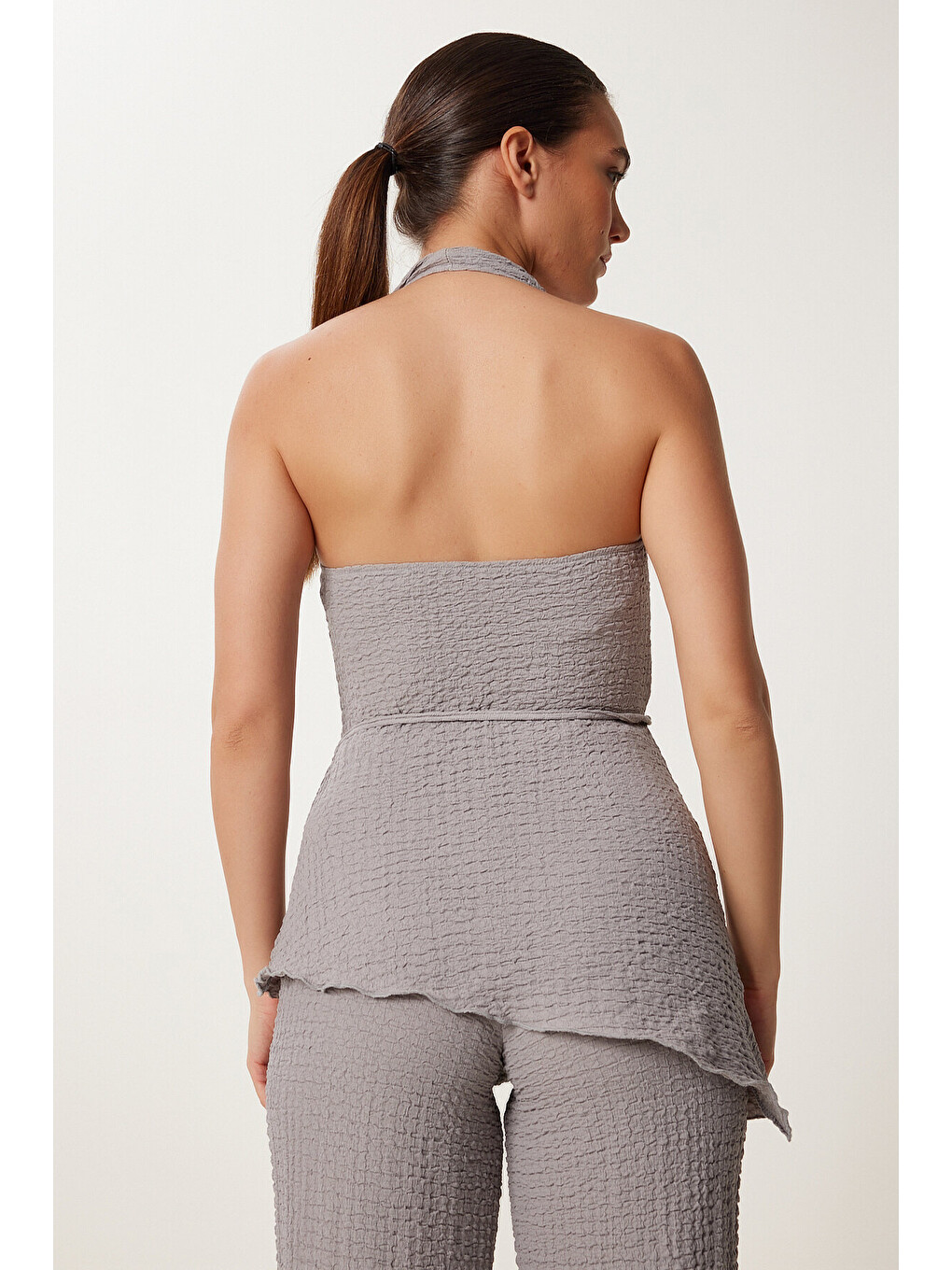 Gri Boyundan Geçmeli Bluz Pantolon Esnek Örme Takım GRİ LDP0048-3