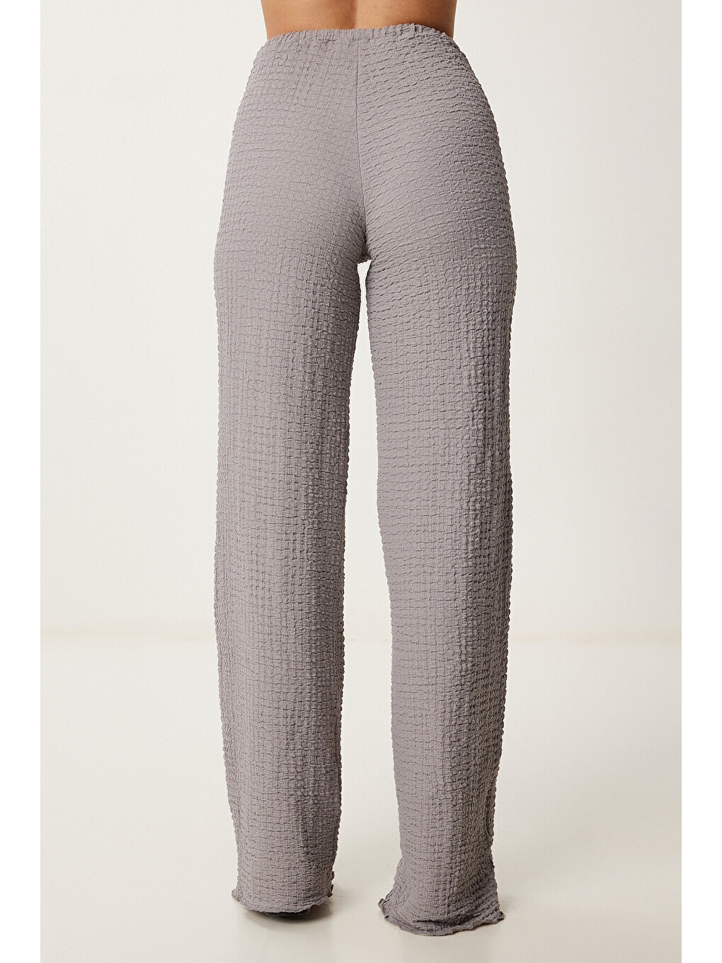 Gri Boyundan Geçmeli Bluz Pantolon Esnek Örme Takım GRİ LDP0048-4