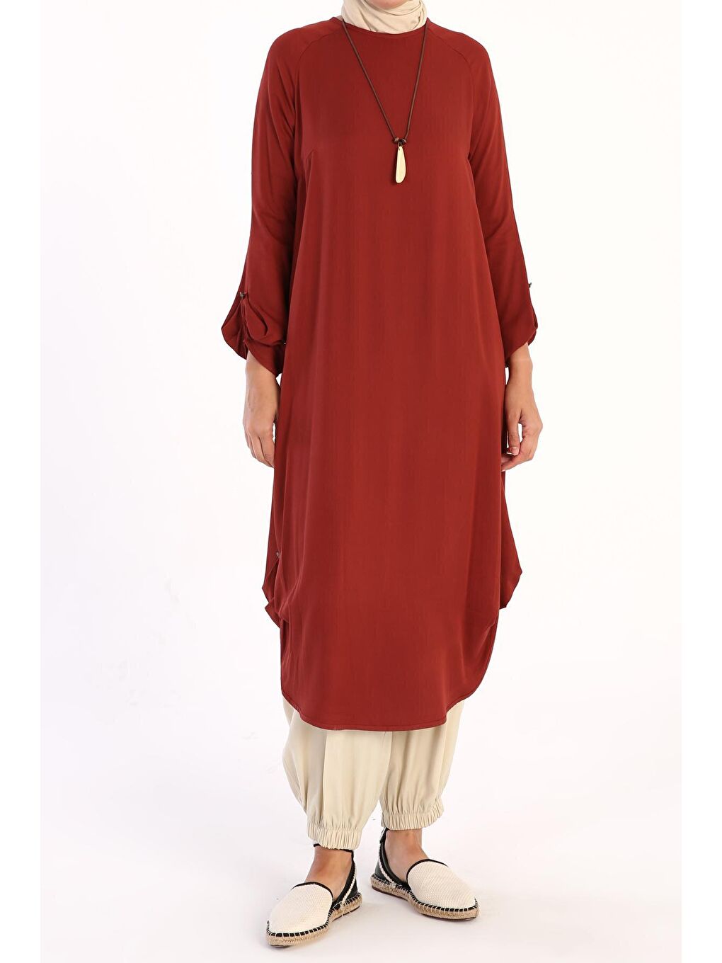 Kahverengi Kiremit Reglan Kol Kolyeli Viskon Tunik-1