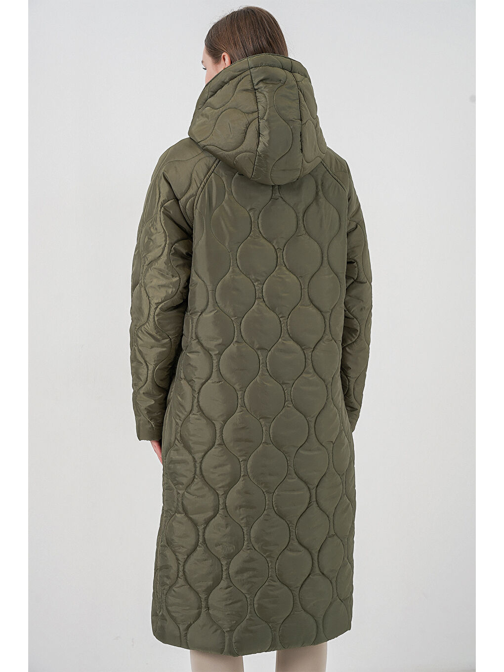 5177 Kapüşonlu Uzun Kapitone Mont - Haki-6
