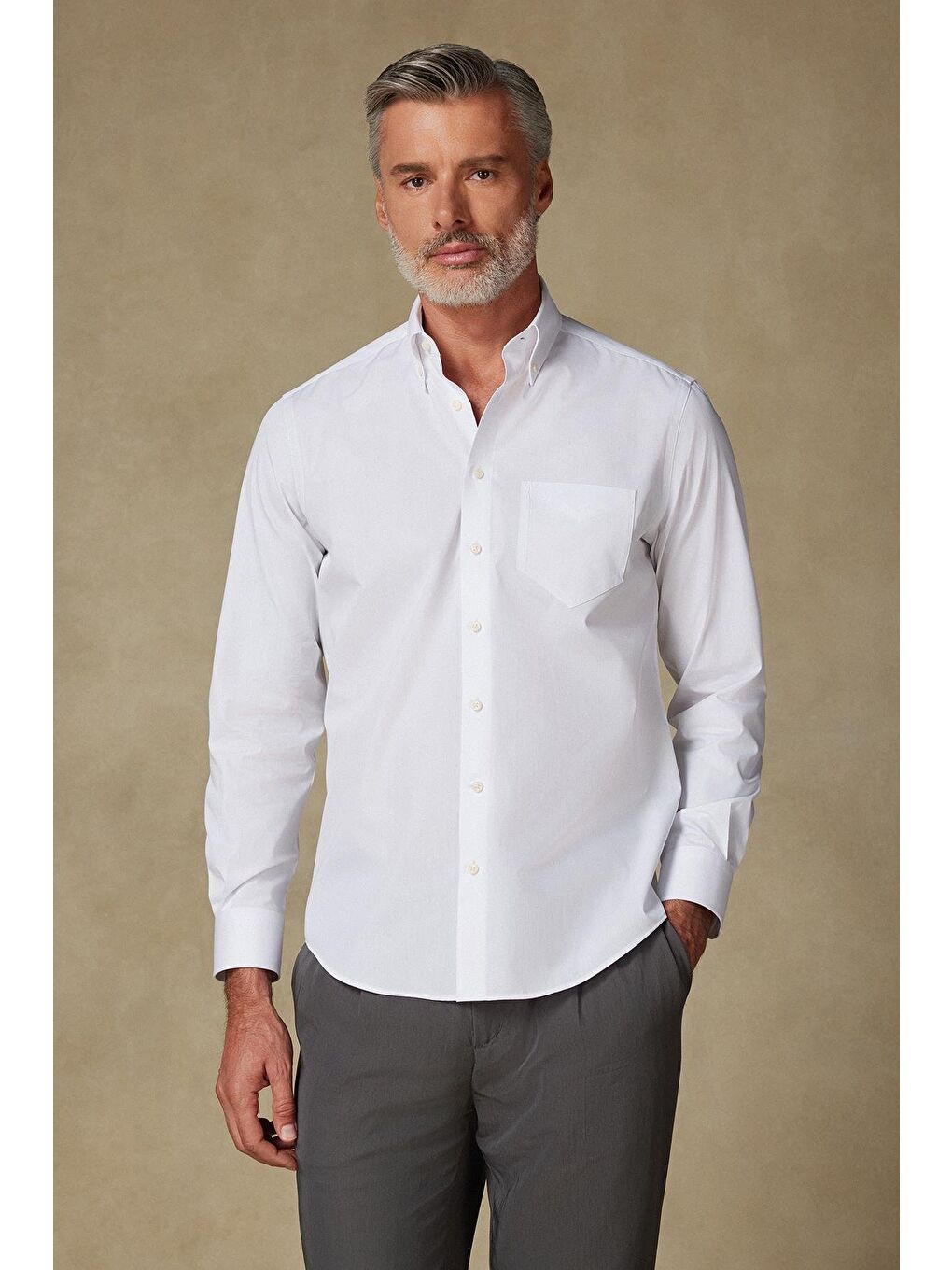 Bb Club Mike Poplin Pamuk Polyester Regular Fit Beyaz Düğmeli Yaka Erkek Düz Gömlek