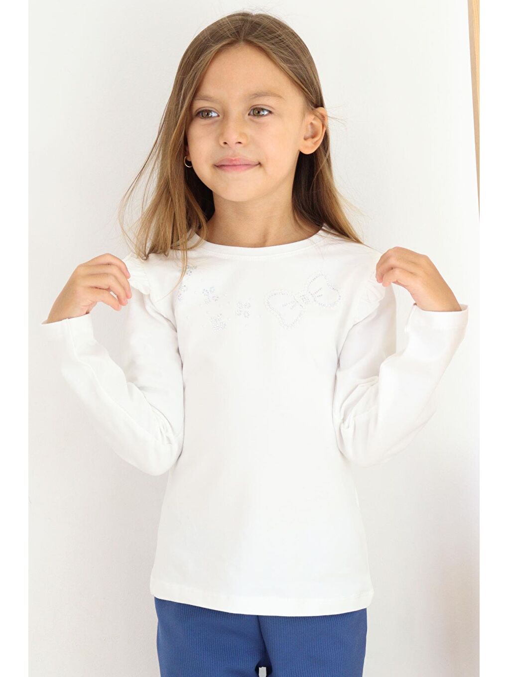 Kız Çocuk Uzun Kollu Tişört Işıltılı Taş İşleme Detaylı Ekru (4 Yaş)