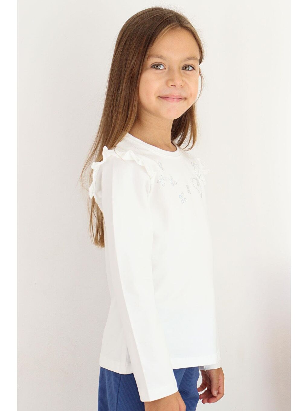 Kız Çocuk Uzun Kollu Tişört Işıltılı Taş İşleme Detaylı Ekru (4 Yaş)-1