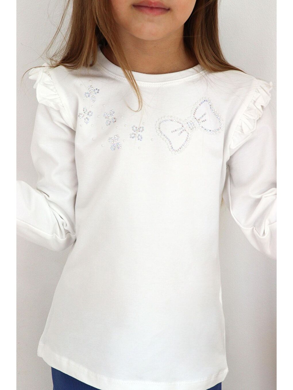 Kız Çocuk Uzun Kollu Tişört Işıltılı Taş İşleme Detaylı Ekru (4 Yaş)-2