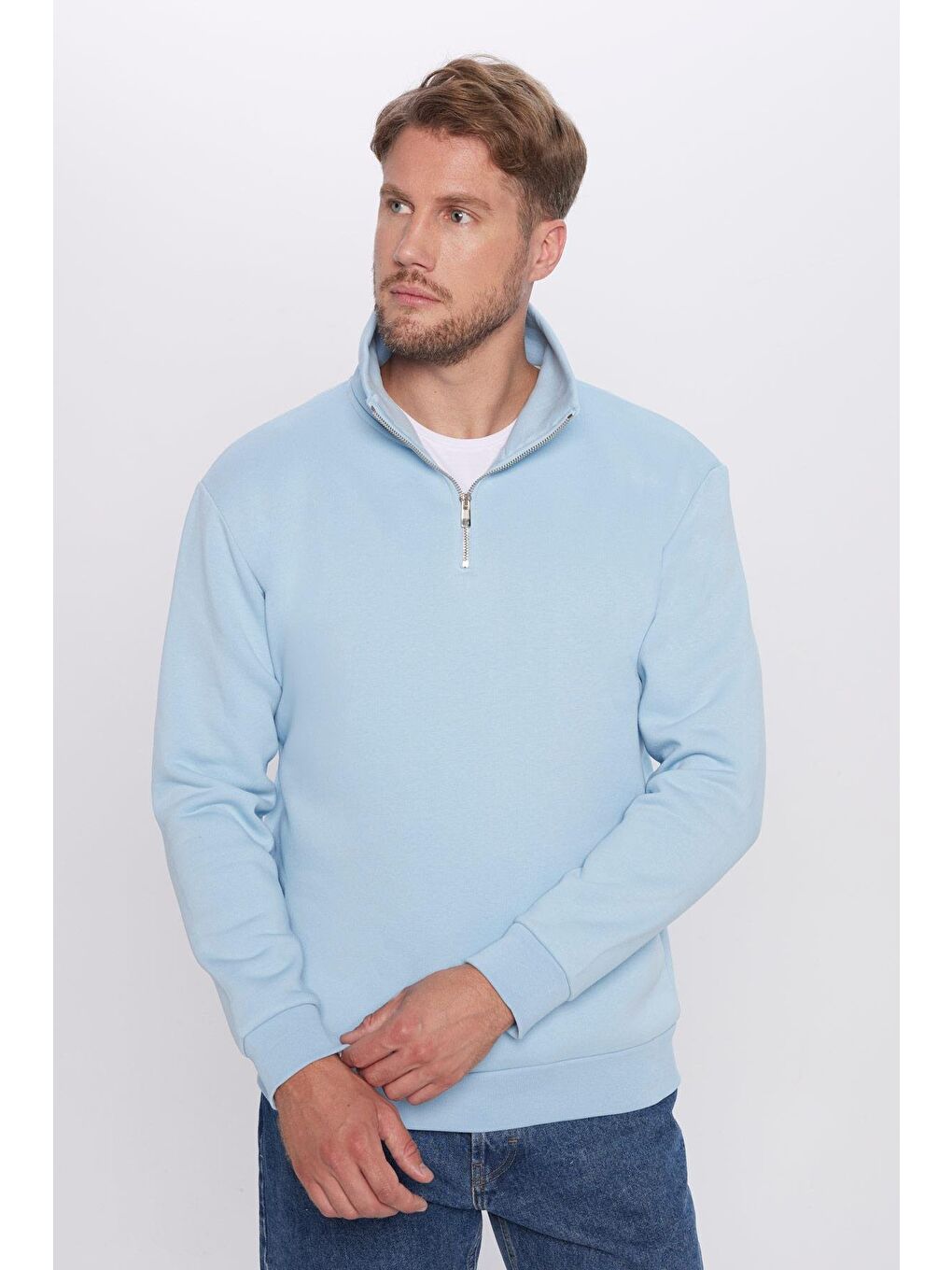 Unisex Relax Fit Rahat Kesim Pamuklu İçi Polarlı Yarım Fermuarlı Mavi Dik Yaka Sweatshirt