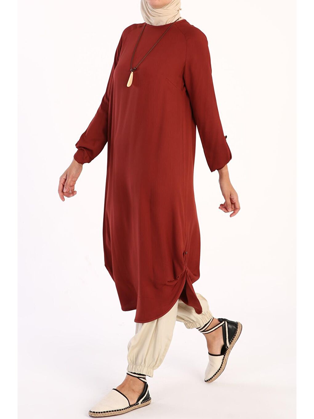 Kahverengi Kiremit Reglan Kol Kolyeli Viskon Tunik-2