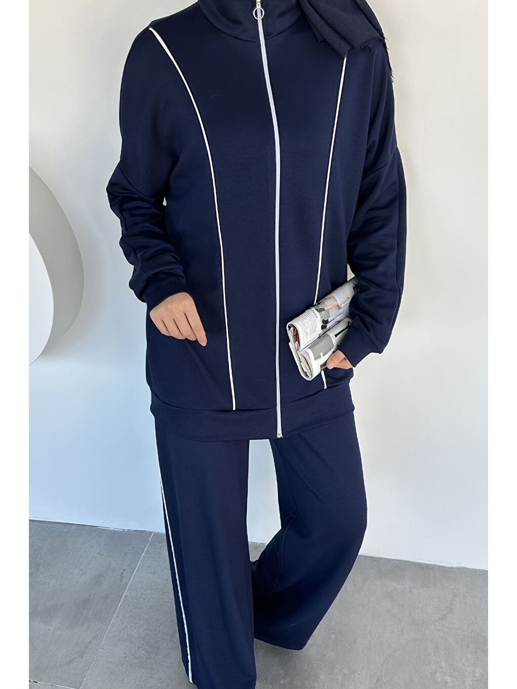Lacivert Ön Fermuarlı Şeritli Tunik Bel Lastikli Pantolon Tesettür İkili Takım-3