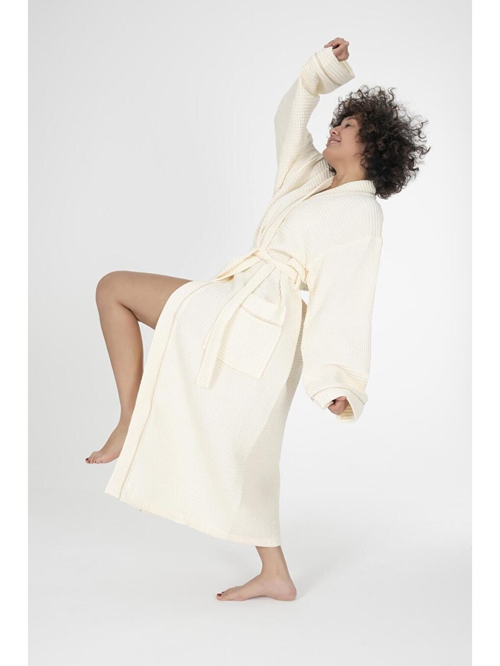Ekru Kaos Serisi Kimono Yaka Pike Bornoz Sabahlık-2