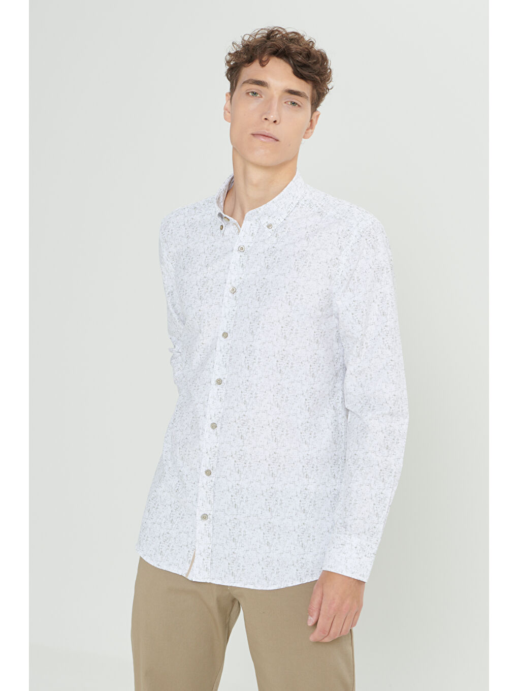 Erkek Beyaz-Haki Slim Fit Dar Kesim Klasik Yaka Pamuklu Armürlü Gömlek-2
