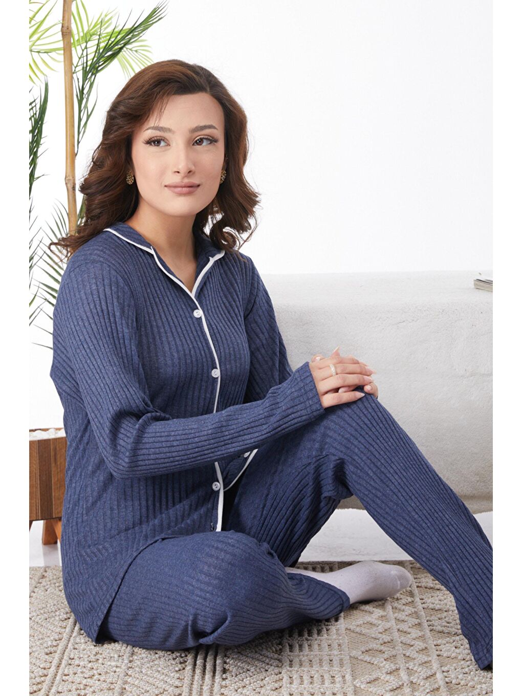 Gömlek Yaka Kadın Mavi Uzun Kollu Düğmeli Pijama Takımı - 24618