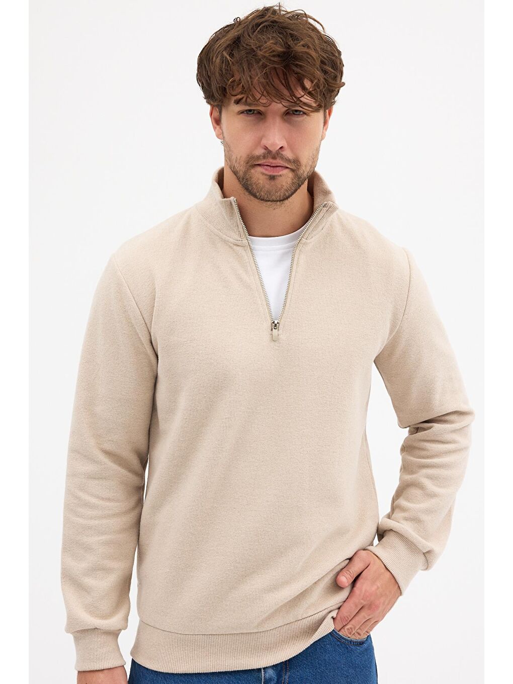 Erkek Bej Standart Fit Normal Kesim Pamuklu Yarım Fermuarlı Dik Yaka Pamuklu Sweatshirt