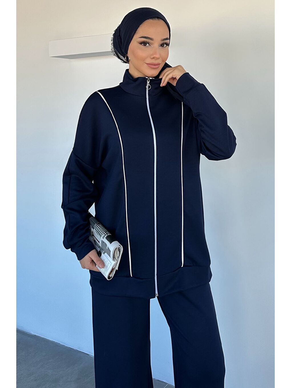 Lacivert Ön Fermuarlı Şeritli Tunik Bel Lastikli Pantolon Tesettür İkili Takım-4