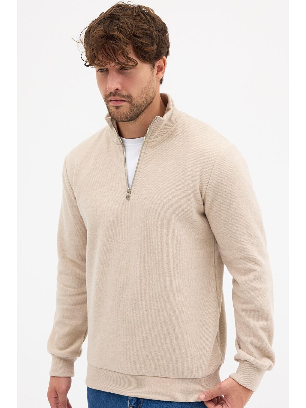 Erkek Bej Standart Fit Normal Kesim Pamuklu Yarım Fermuarlı Dik Yaka Pamuklu Sweatshirt-1