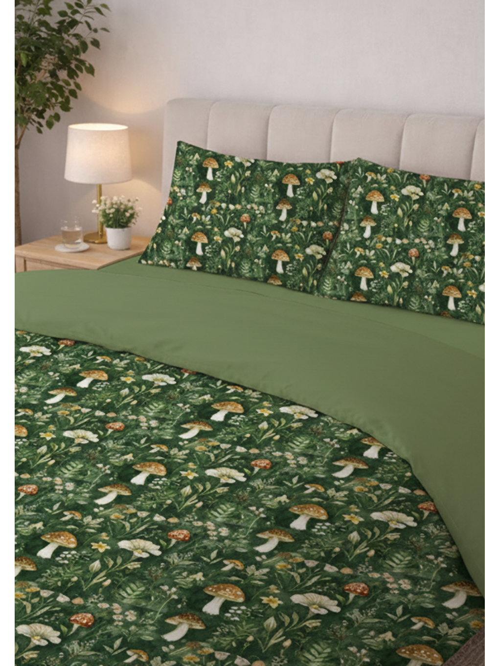 Yeşil Çift Kişilik Pamuklu Nevresim Takımı - Orman ve Mantar Desenli (Çarşafsız)-2