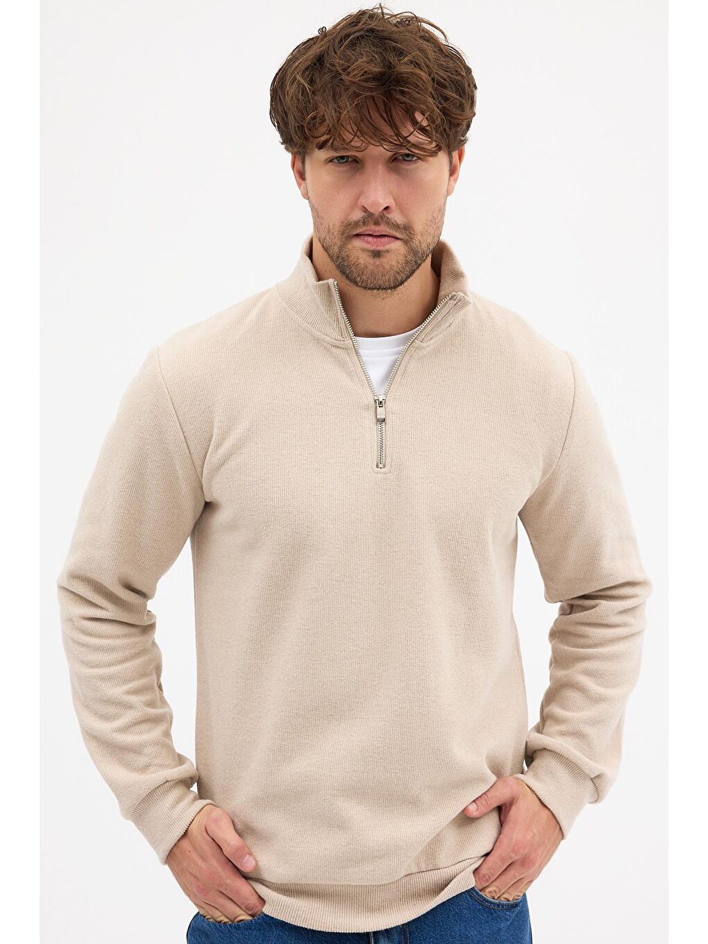 Erkek Bej Standart Fit Normal Kesim Pamuklu Yarım Fermuarlı Dik Yaka Pamuklu Sweatshirt-2