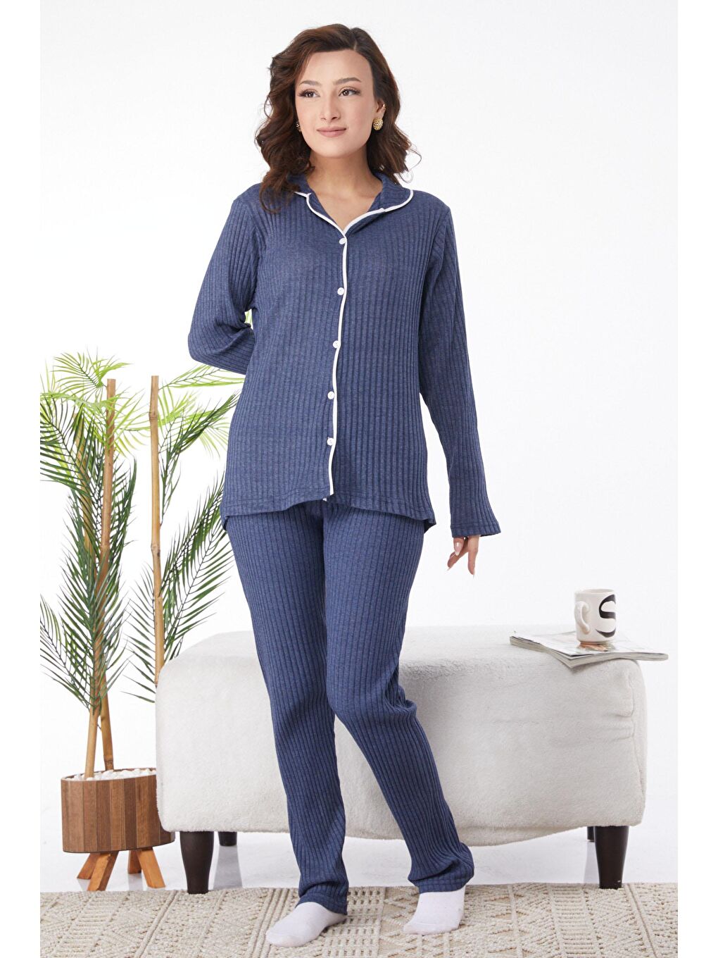 Gömlek Yaka Kadın Mavi Uzun Kollu Düğmeli Pijama Takımı - 24618-1