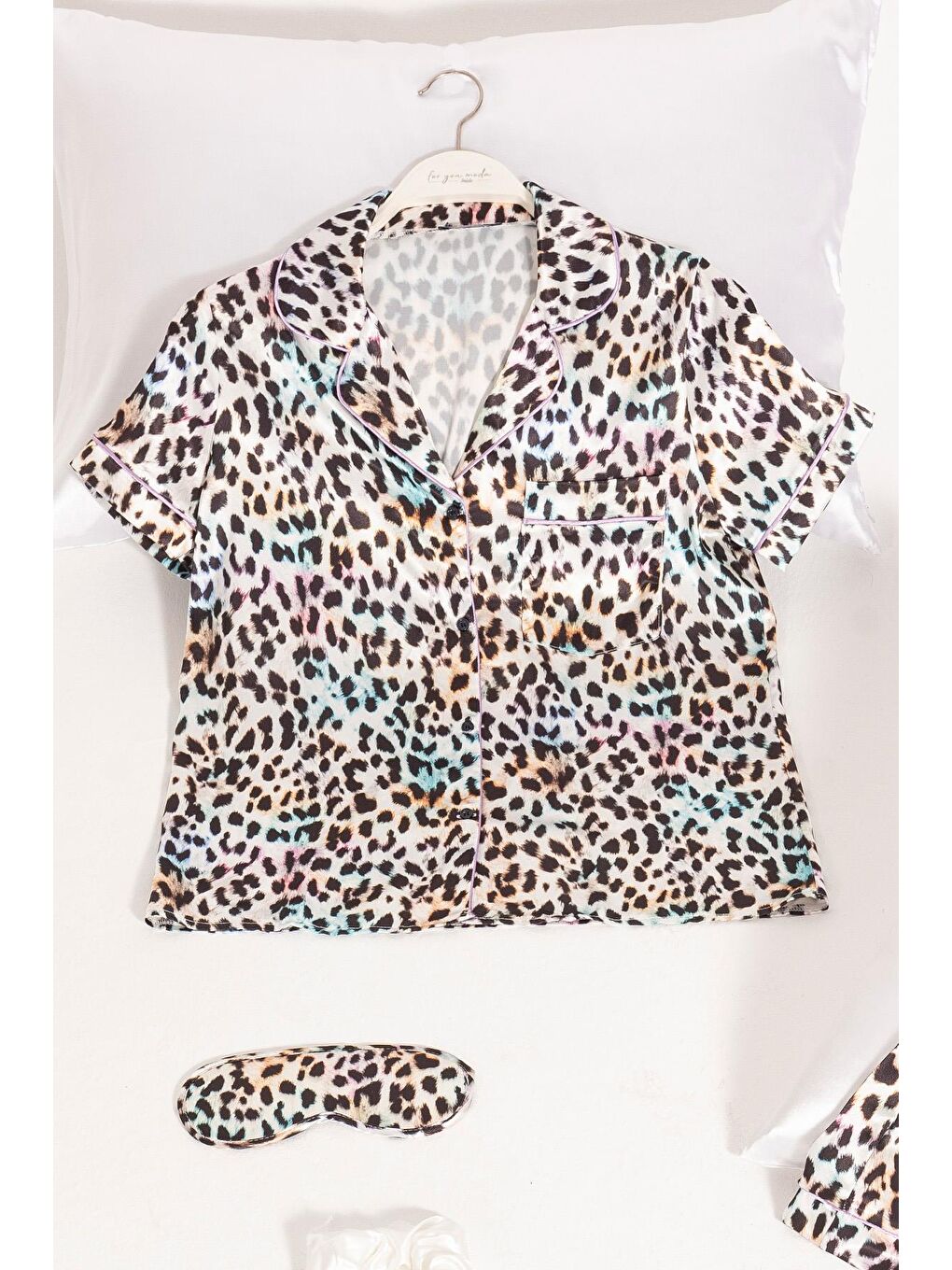 For You Moda Lila 5'li Leopar Desenli Saten Pijama Şort Takım - 1