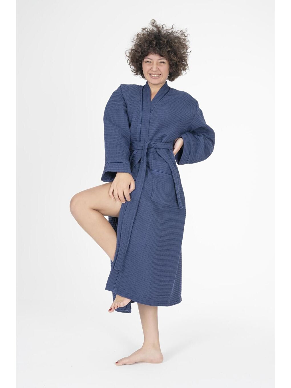 Lacivert Kaos Serisi Kimono Yaka Pike Bornoz Sabahlık