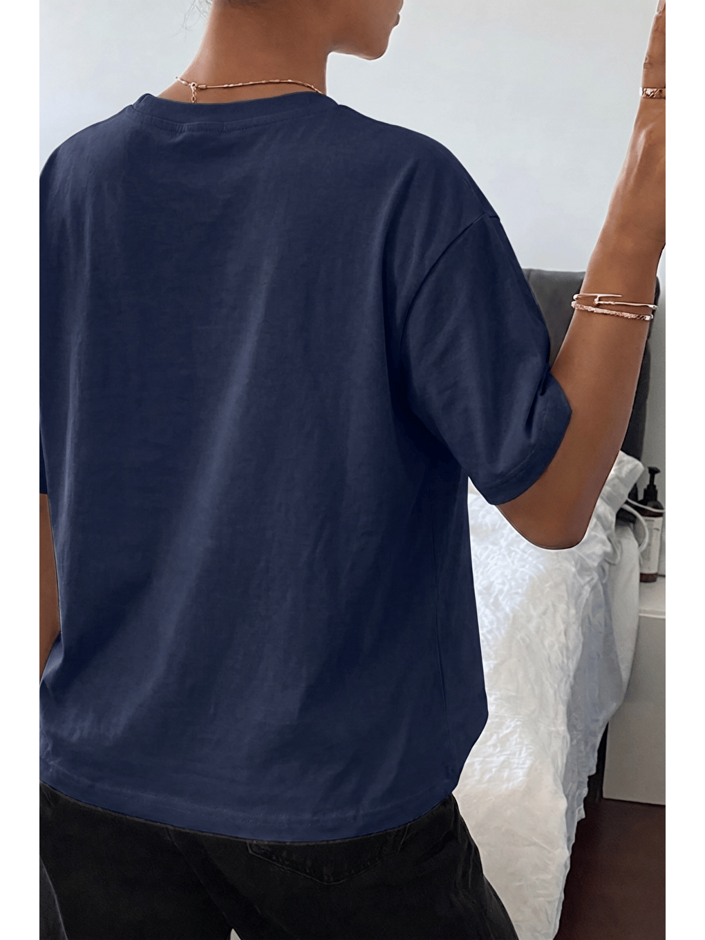 Lacivert Kadın Tişört Gri Bisiklet Yaka Basic Tişört %100 Pamuk Rahat Kalıp T-shirt BASIC-KADIN-2