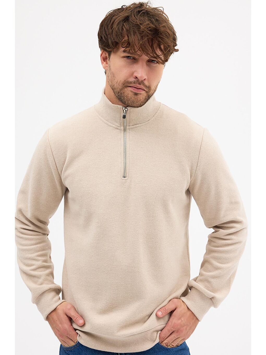 Erkek Bej Standart Fit Normal Kesim Pamuklu Yarım Fermuarlı Dik Yaka Pamuklu Sweatshirt-4