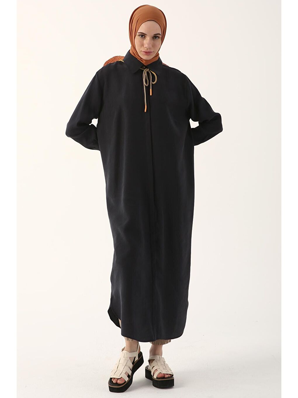 Lacivert Gizli Patlı Basic Uzun Gömlek Tunik-1