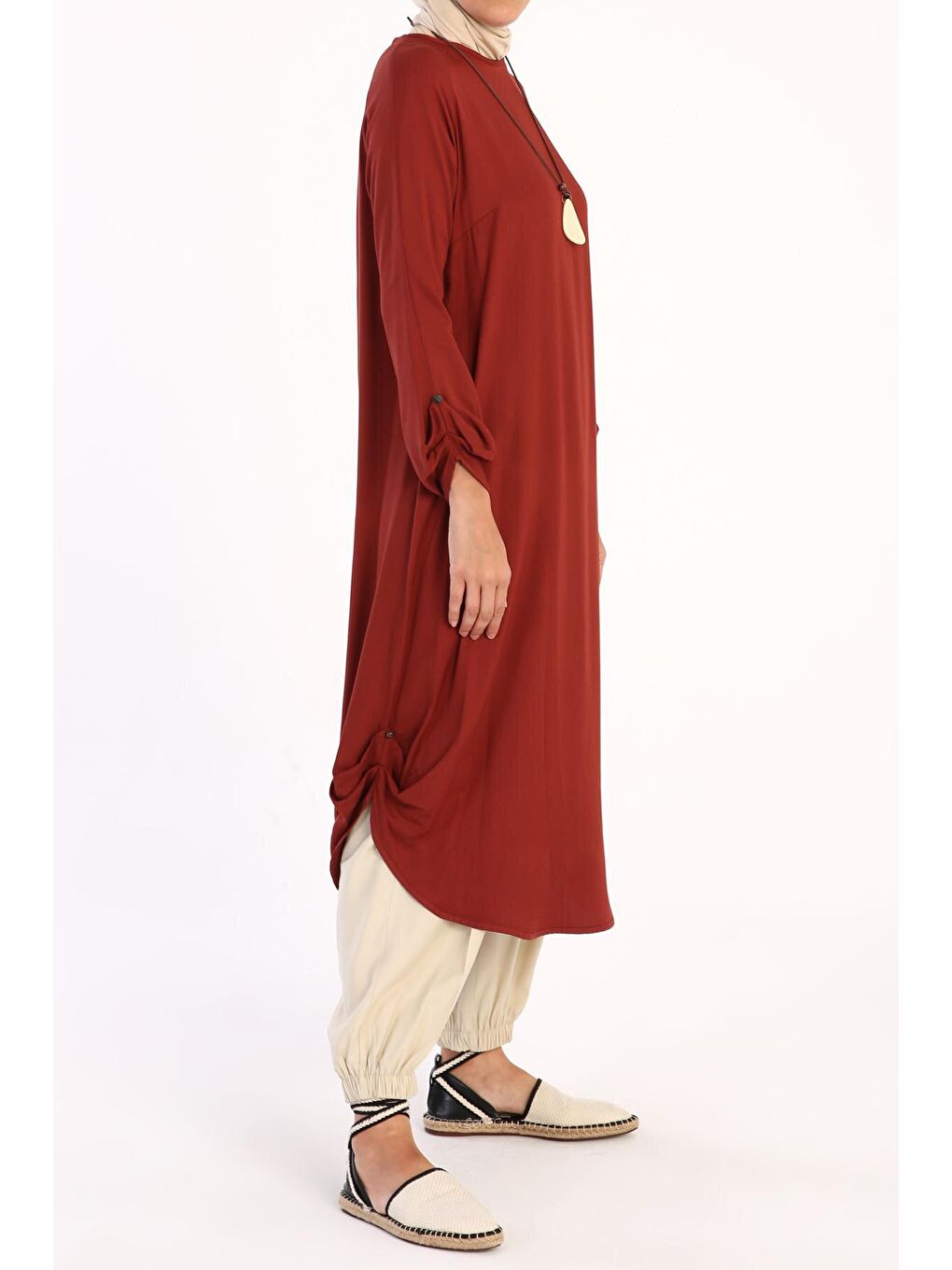 Kahverengi Kiremit Reglan Kol Kolyeli Viskon Tunik-3