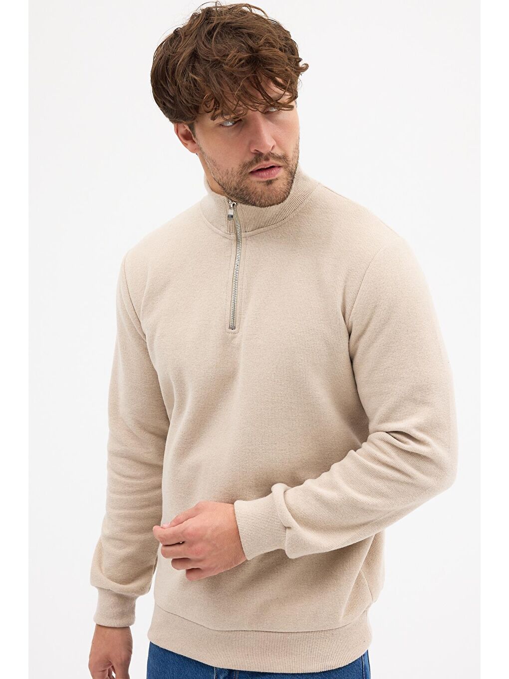 Erkek Bej Standart Fit Normal Kesim Pamuklu Yarım Fermuarlı Dik Yaka Pamuklu Sweatshirt-5