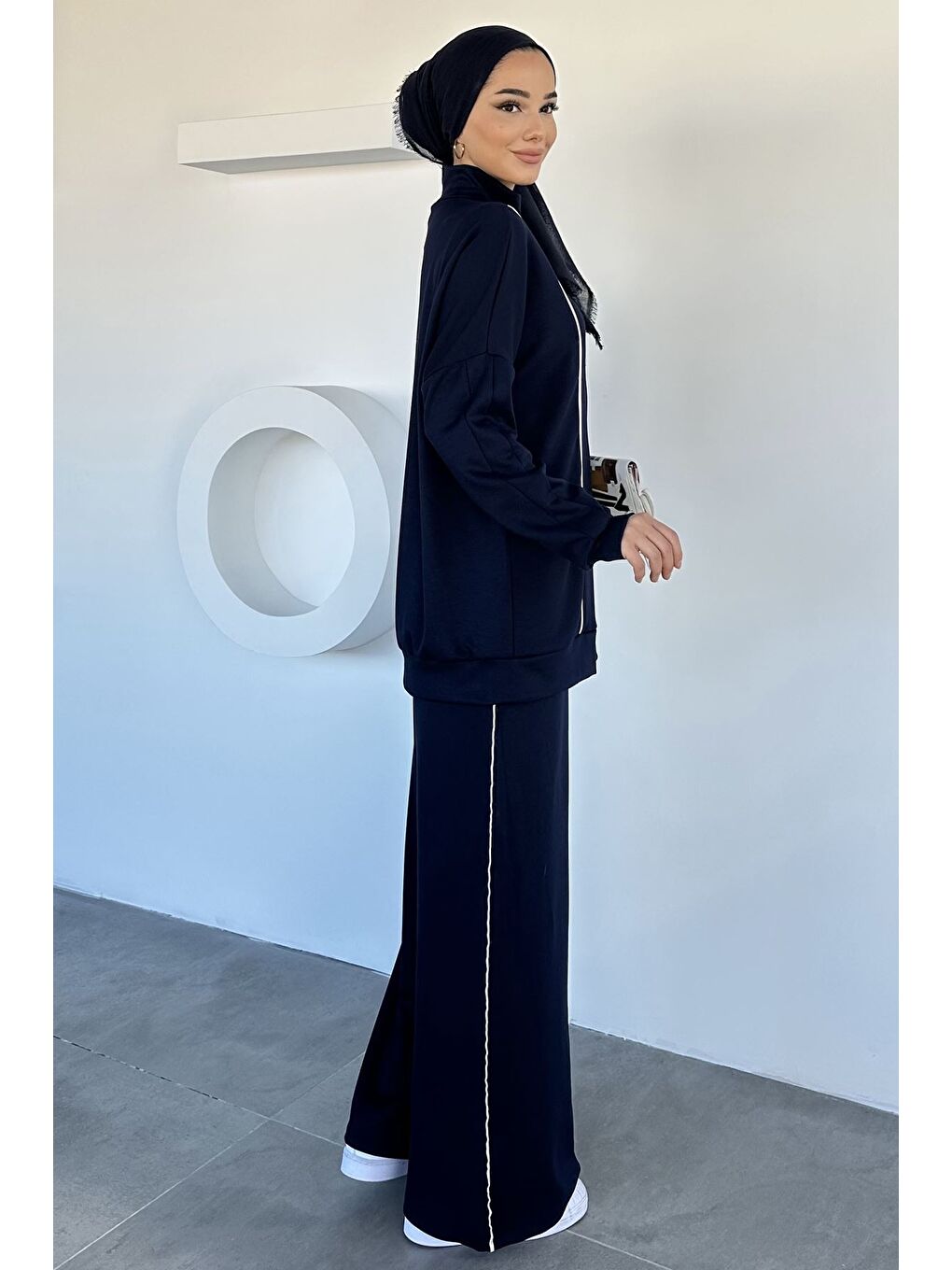 Lacivert Ön Fermuarlı Şeritli Tunik Bel Lastikli Pantolon Tesettür İkili Takım-7