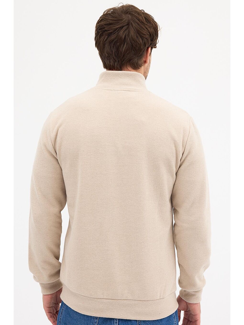Erkek Bej Standart Fit Normal Kesim Pamuklu Yarım Fermuarlı Dik Yaka Pamuklu Sweatshirt-6