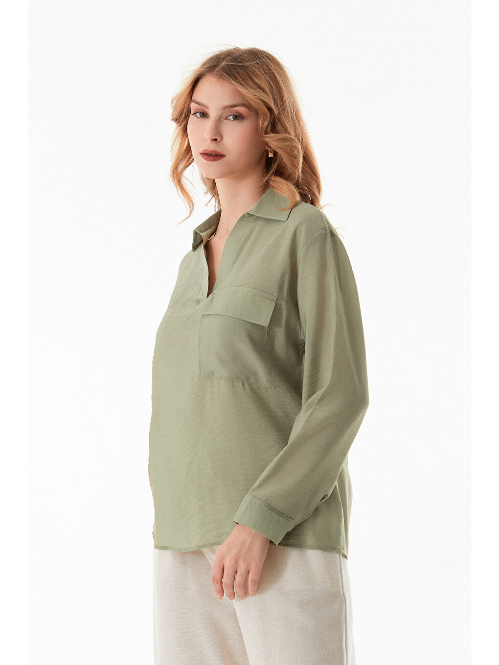 Haki Basic V Yaka Tek Cepli Gömlek-2