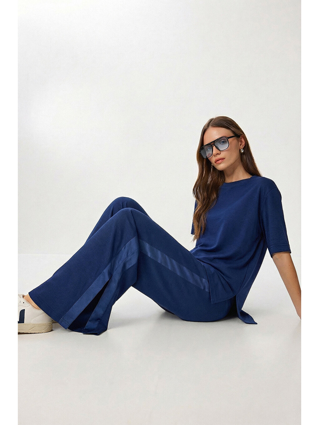 Lacivert Oversize Yırtmaçlı Paraşüt Garnili Modal Takım LACİVERT LBY0043-1
