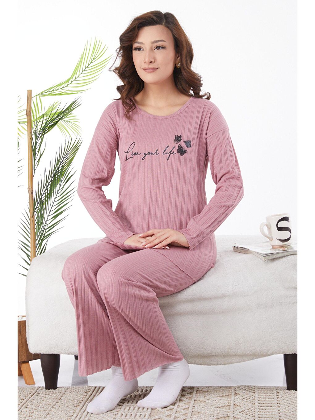 Bisiklet Yaka Kadın Pembe Baskılı Uzun Kollu Pijama Takımı - 24666-1