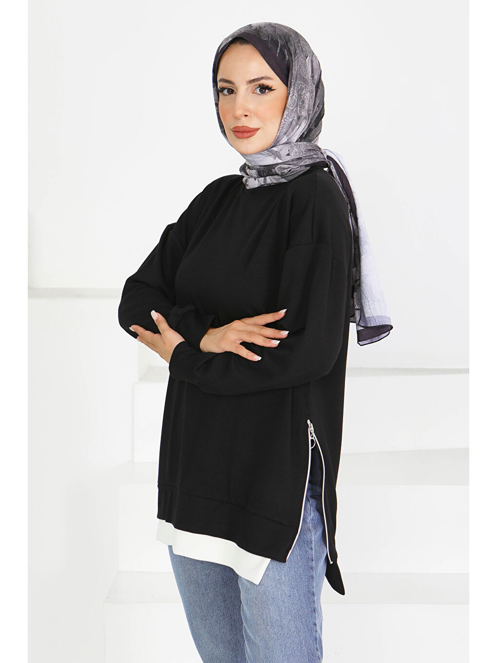 Garnili Fermuarlı İki İplik sweatshirt Siyah - 27610