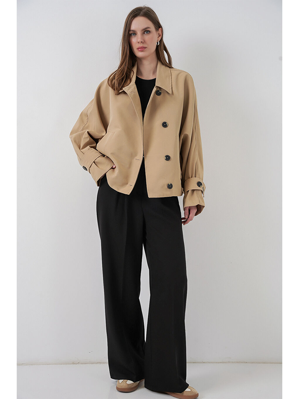 Kadın Oversize Kısa Trençkot 5977 - Bej-1