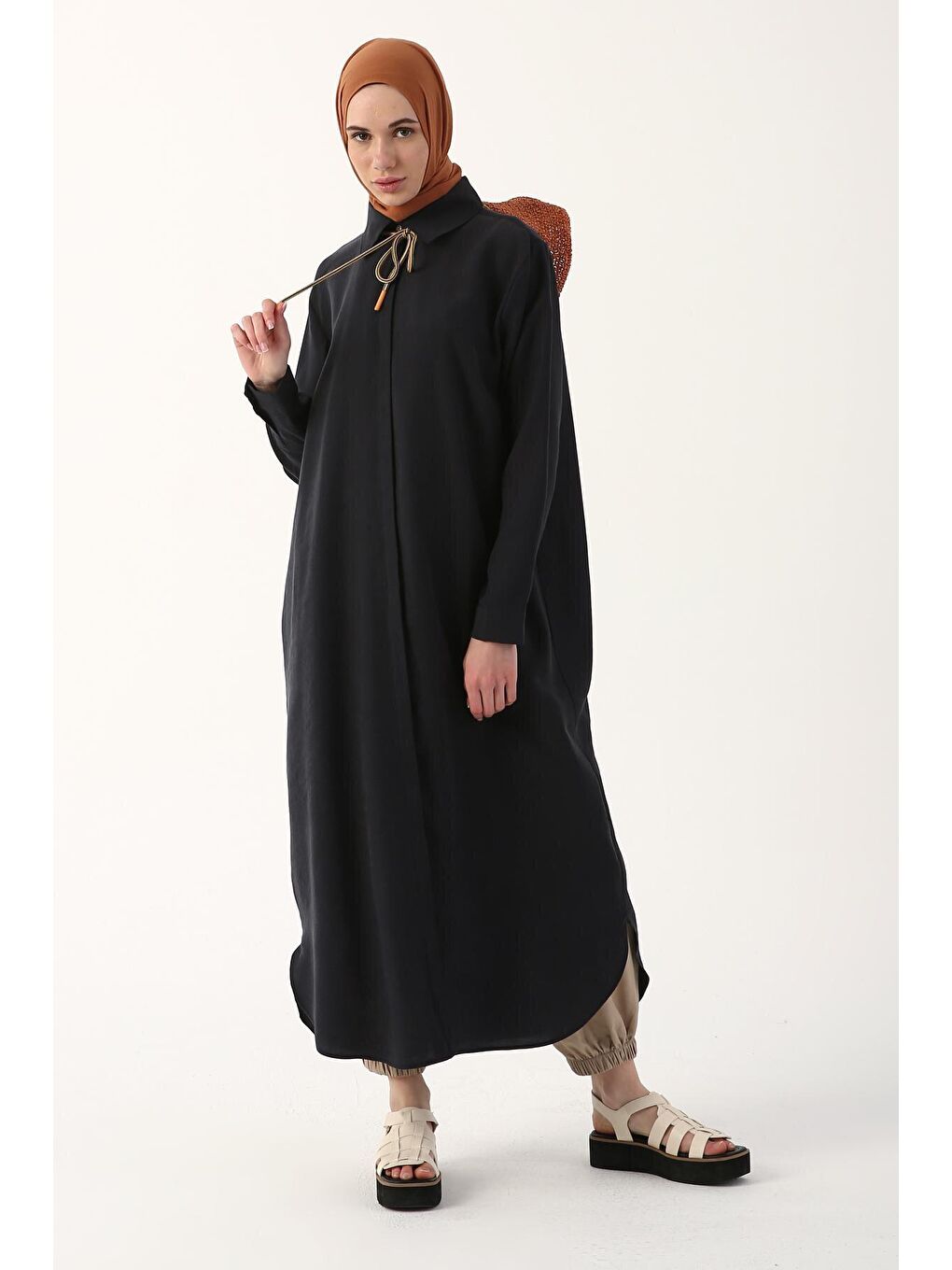 Lacivert Gizli Patlı Basic Uzun Gömlek Tunik-2