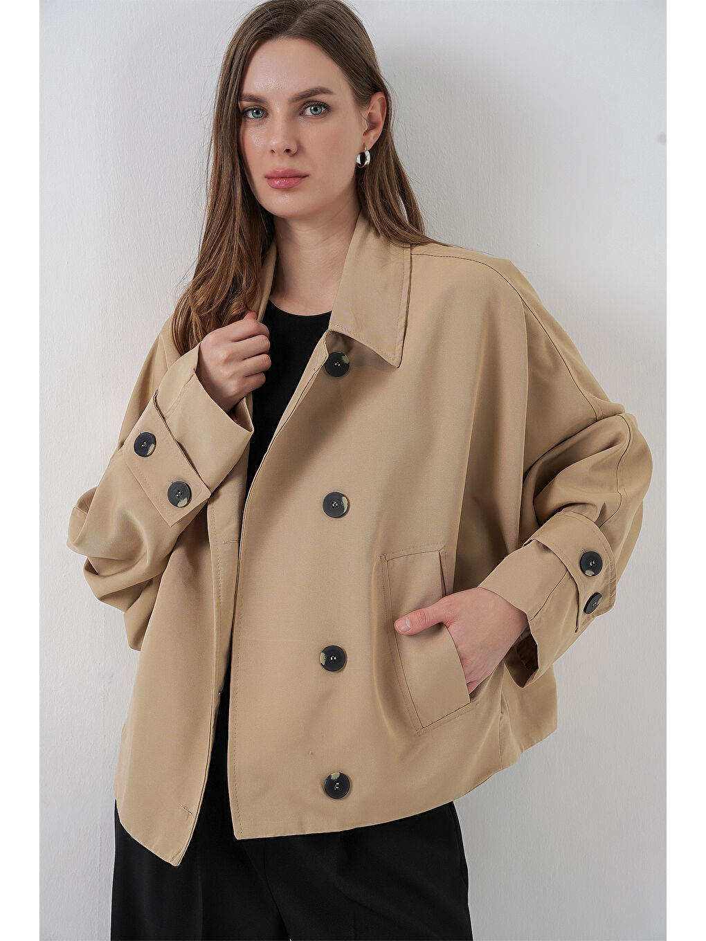 Kadın Oversize Kısa Trençkot 5977 - Bej-2