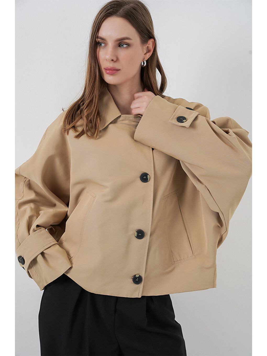 Kadın Oversize Kısa Trençkot 5977 - Bej-3