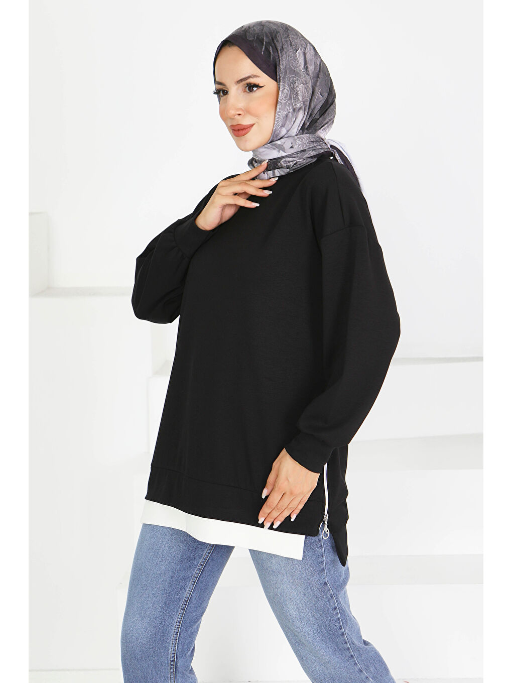 Garnili Fermuarlı İki İplik sweatshirt Siyah - 27610-1