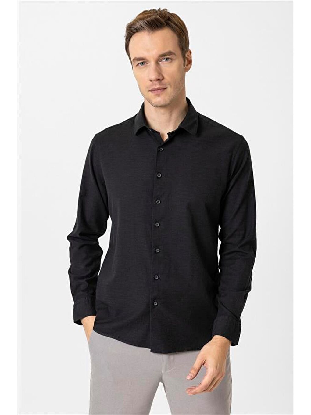 Siyah Slim Düz Klasik Yaka Gömlek-1
