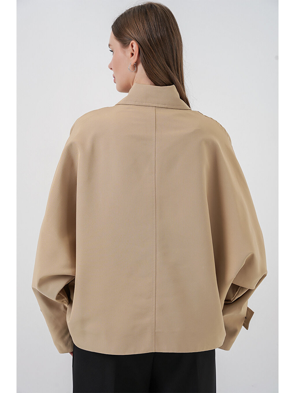Kadın Oversize Kısa Trençkot 5977 - Bej-5